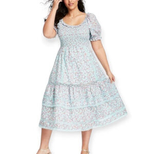 LoveShackFancy CELESTE Blue Dress Plus Size 2X Blue Floral SMOCKED